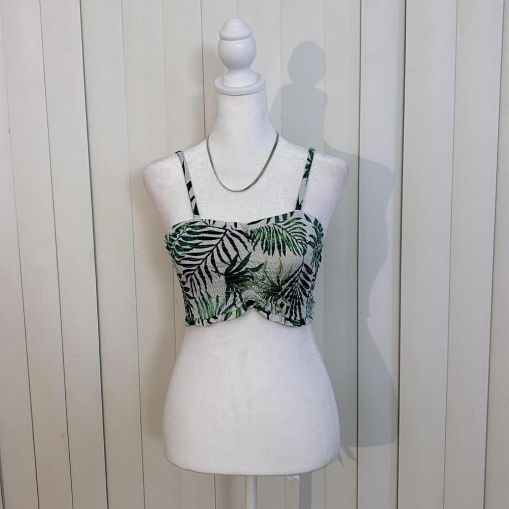 Green and white tropical print top